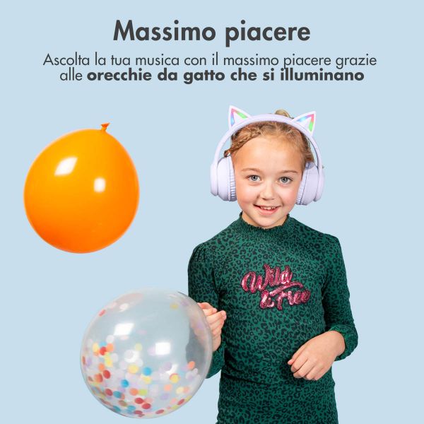 imoshion Cuffie wireless per bambini LED Light Cat Ear - Limitatore di Decibel - Con cavo AUX - Lavender Lilac