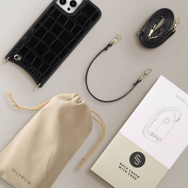 Selencia Cover per telefono Nova Croco con cordino e portacarte Apple iPhone 12 (Pro) - Nero