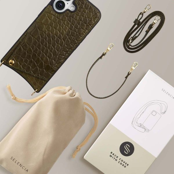 Selencia Cover per telefono Nova Croco con cordino e portacarte Apple iPhone 16 - Dark Olive
