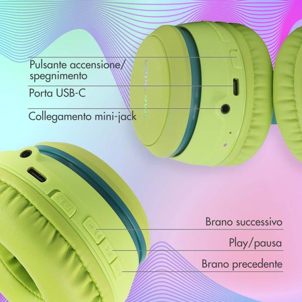 imoshion Cuffie wireless per bambini LED Light - Limitatore di decibel - Con cavo AUX - Petrol Green / Lime