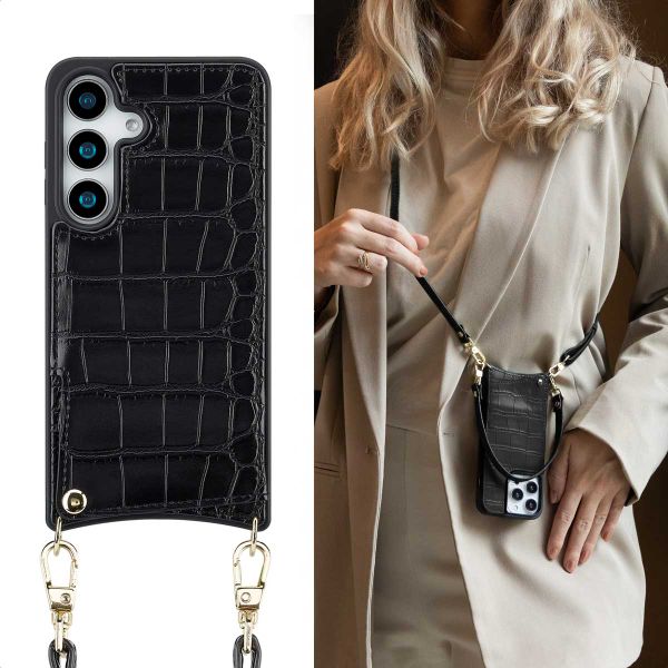 Selencia Cover per telefono Nova Croco con cordino e portacarte Samsung Galaxy S25 - Nero