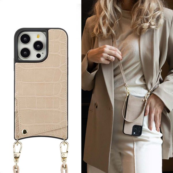 Selencia Cover per telefono Nova Croco con cordino e portacarte Apple iPhone 14 Pro - Beige