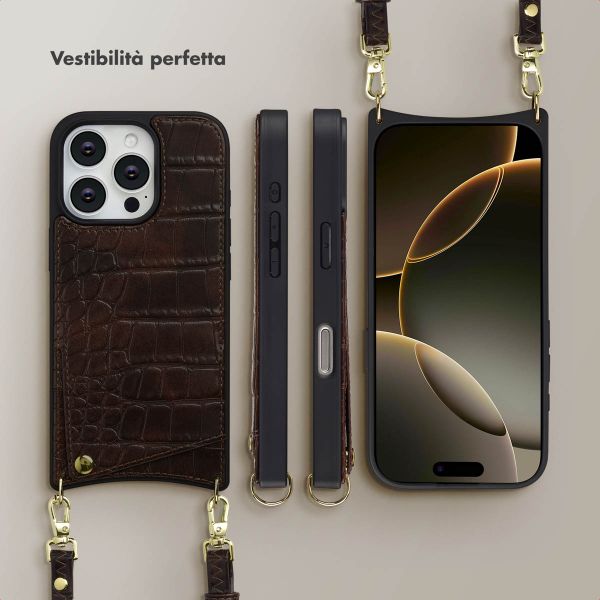 Selencia Cover per telefono Nova Croco con cordino e portacarte Apple iPhone 16 Pro - Choco Brown