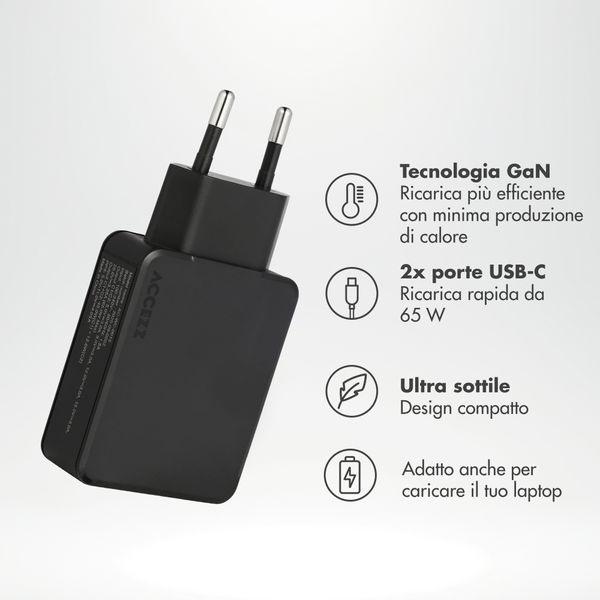 Accezz Caricabatterie GaN Ultra Slim - 2x USB-C - 65 W - Nero