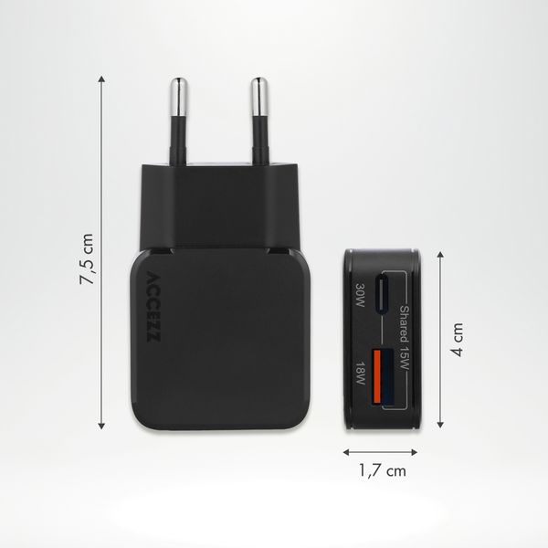 Accezz Caricabatterie GaN Ultra Slim - USB-C + USB-A - 30 W - Nero