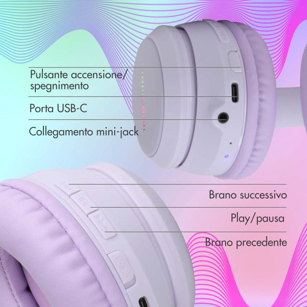 imoshion Cuffie wireless per bambini con LED Light - Limitatore di decibel - Con cavo AUX - Lavender Lilac
