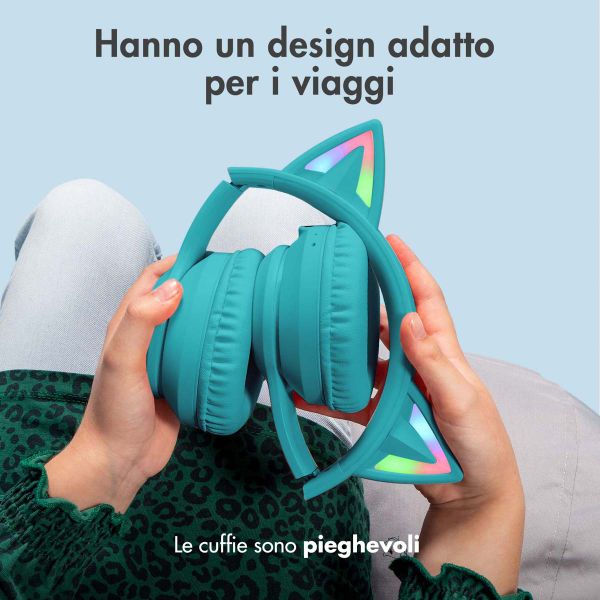 imoshion Cuffie wireless per bambini LED Light Cat Ear - Limitatore di decibel - Con cavo AUX - Azzurro
