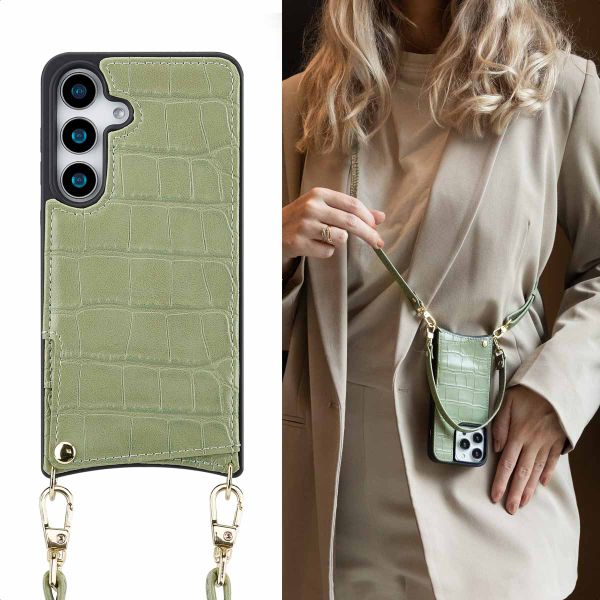 Selencia Cover per telefono Nova Croco con cordino e portacarte Samsung Galaxy S25 - Sage Green