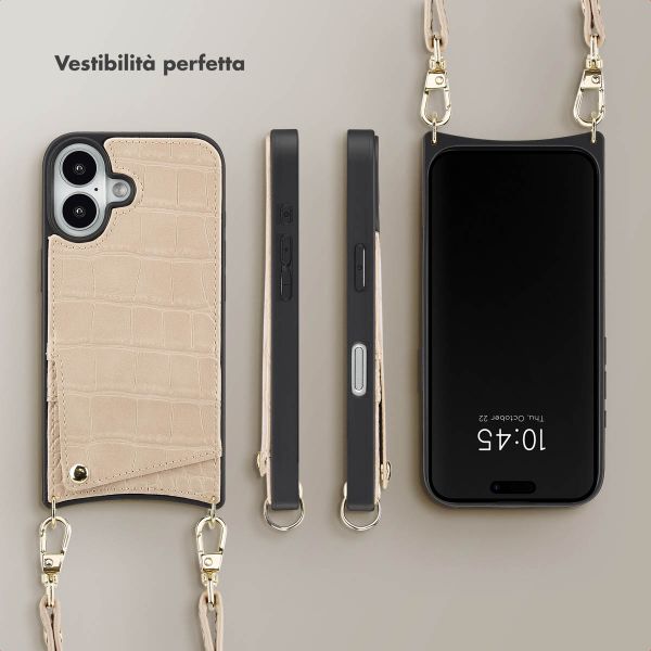Selencia Cover per telefono Nova Croco con cordino e portacarte Apple iPhone 16 - Beige