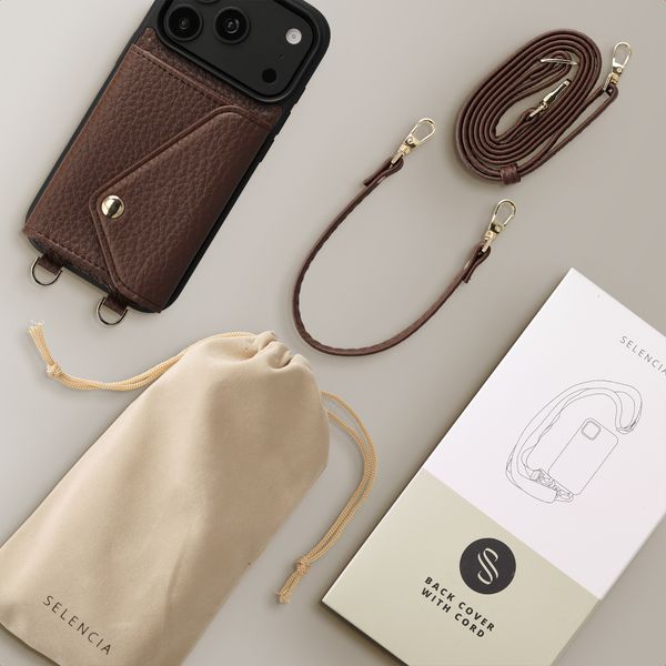 Selencia Cover per telefono Sera con cordino e portacarte a busta Apple iPhone 18 Pro / 17 Pro - Chocolate Brown