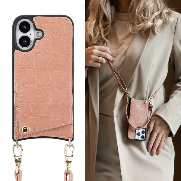 Selencia Cover per telefono Nova Croco con cordino e portacarte Apple iPhone 16 - Old Pink