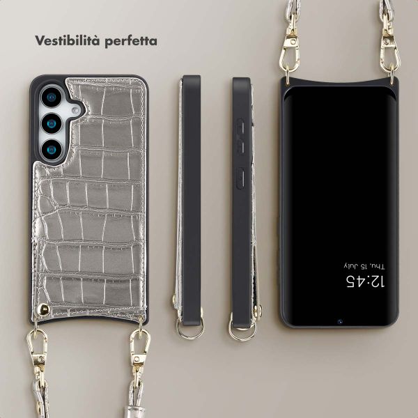 Selencia Cover per telefono Nova Croco con cordino e portacarte Samsung Galaxy S25 - Argento