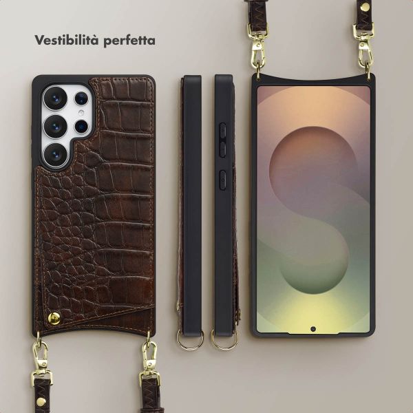 Selencia Cover per telefono Nova Croco con cordino e portacarte Samsung Galaxy S25 Ultra - Choco Brown