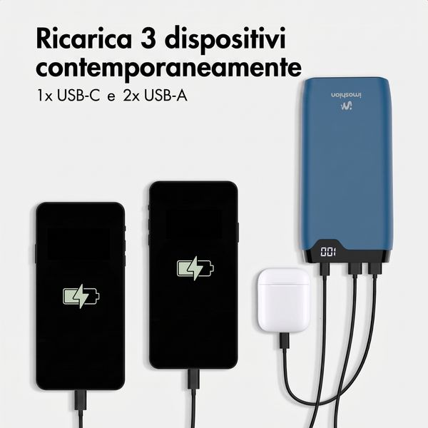 imoshion Powerbank da 20.000 mAh - Caricabatterie rapido da 22,5 W - USB-C / USB-A - Blu