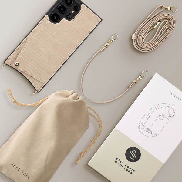 Selencia Cover per telefono Nova Croco con cordino e portacarte Samsung Galaxy S24 Ultra - Beige