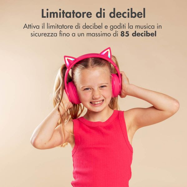 imoshion Cuffie wireless per bambini LED Light Cat Ear - Limitatore di Decibel - Con cavo AUX - Hot Pink