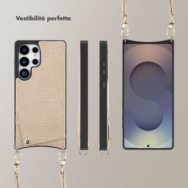 Selencia Cover per telefono Nova Croco con cordino e portacarte Samsung Galaxy S25 Ultra - Beige