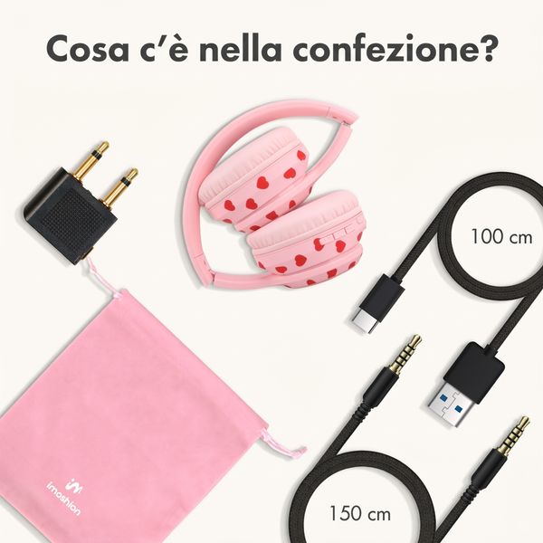 imoshion Cuffie wireless per bambini con LED Light - Limitatore di decibel - Con cavo AUX - Cuoricini