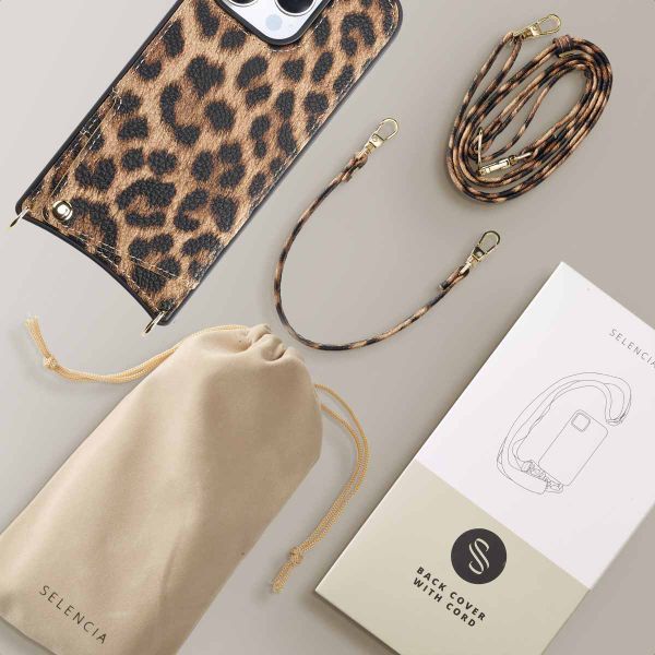 Selencia Cover per telefono Nova con cordino e portacarte Apple iPhone 16 Pro - Leopard