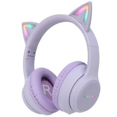 imoshion Cuffie wireless per bambini LED Light Cat Ear - Limitatore di Decibel - Con cavo AUX - Lavender Lilac