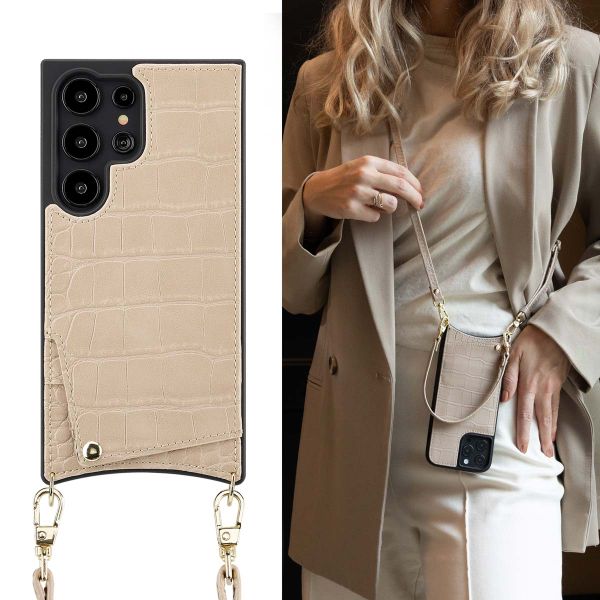 Selencia Cover per telefono Nova Croco con cordino e portacarte Samsung Galaxy S24 Ultra - Beige