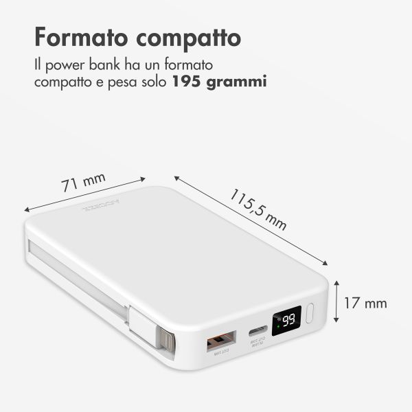 Accezz Powerbank da 10.000 mAh con cavi integrati – Quick Charge e Power Delivery – Bianco