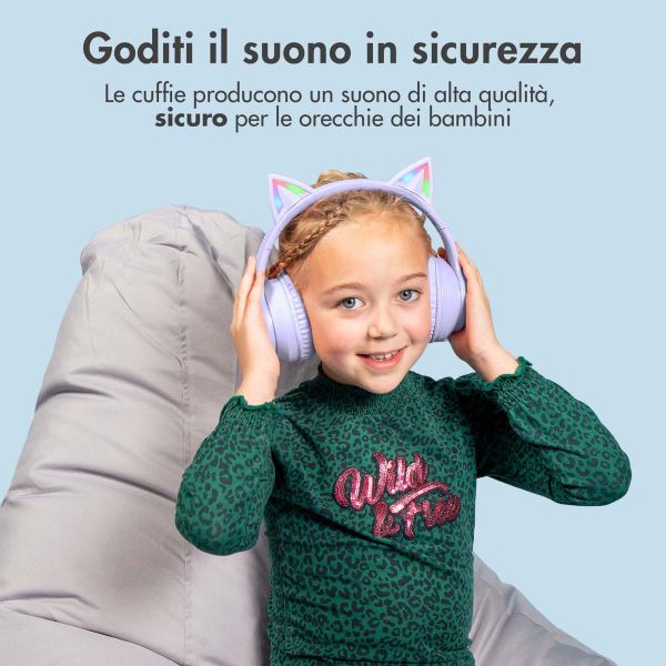 imoshion Cuffie wireless per bambini LED Light Cat Ear - Limitatore di Decibel - Con cavo AUX - Lavender Lilac