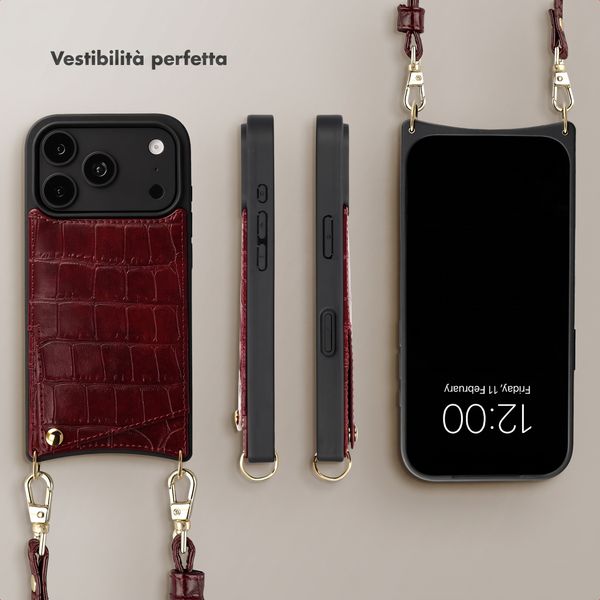 Selencia Cover per telefono Nova Croco con cordino e portacarte Apple iPhone 18 Pro Max / 17 Pro Max - Burgundy