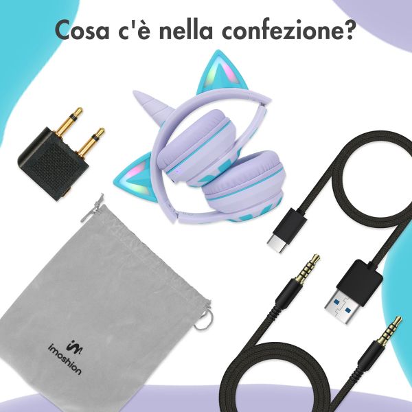imoshion Cuffie wireless per bambini Unicorn LED Light - Limitatore di decibel - Con cavo AUX - Lavender Lilac / Soft Blue