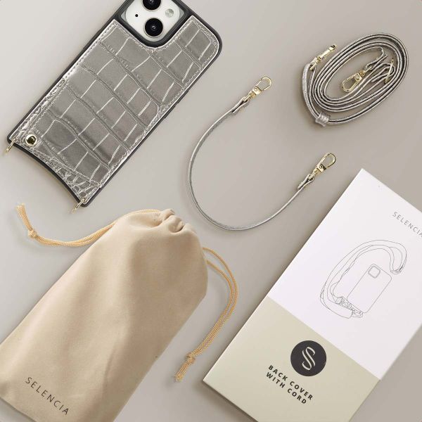 Selencia Cover per telefono Nova Croco con cordino e portacarte Apple iPhone 15 - Argento