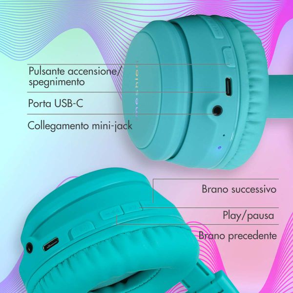 imoshion Cuffie wireless per bambini LED Light Cat Ear - Limitatore di decibel - Con cavo AUX - Azzurro