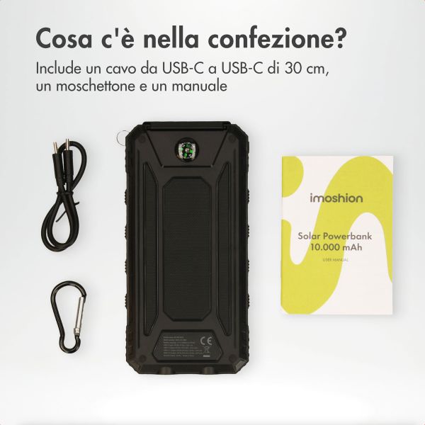imoshion Powerbank solare da 10.000 mAh – powerbank wireless a energia solare – Quick Charge e Power Delivery – Nero