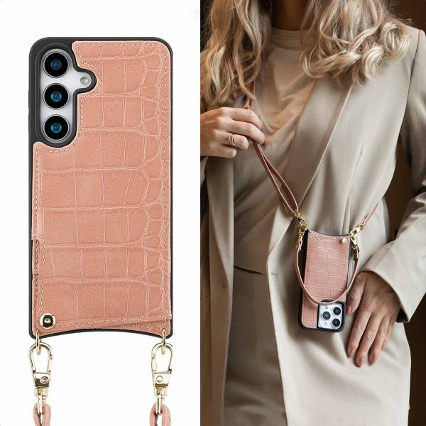 Selencia Cover per telefono Nova Croco con cordino e portacarte Samsung Galaxy S25 - Old Pink