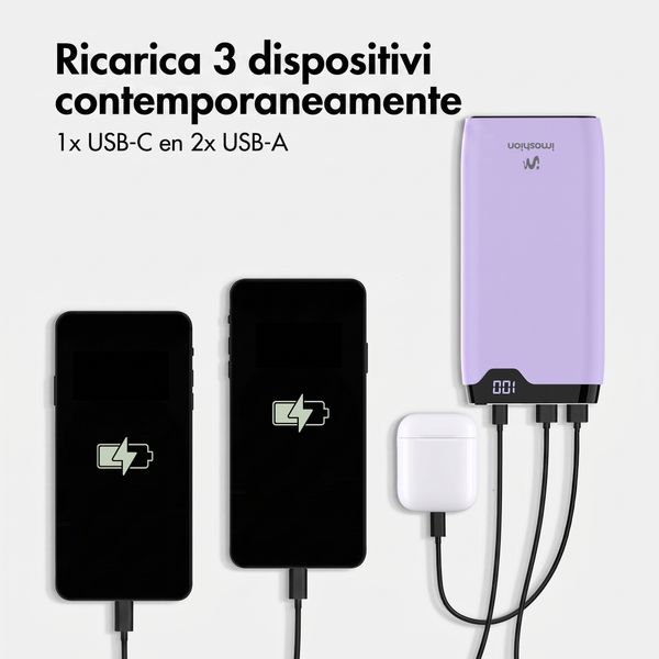 imoshion Powerbank da 20.000 mAh - Caricabatterie rapido da 22,5 W - USB-C / USB-A - Lilla