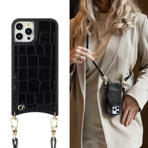 Selencia Cover per telefono Nova Croco con cordino e portacarte Apple iPhone 12 (Pro) - Nero
