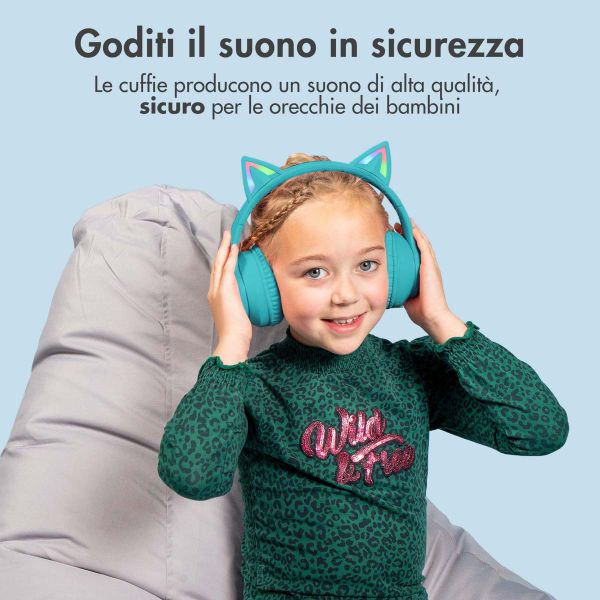 imoshion Cuffie wireless per bambini LED Light Cat Ear - Limitatore di decibel - Con cavo AUX - Azzurro