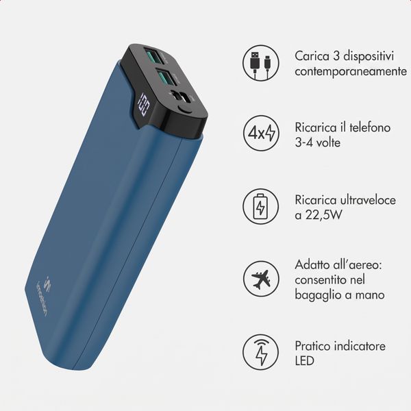 imoshion Powerbank da 20.000 mAh - Caricabatterie rapido da 22,5 W - USB-C / USB-A - Blu