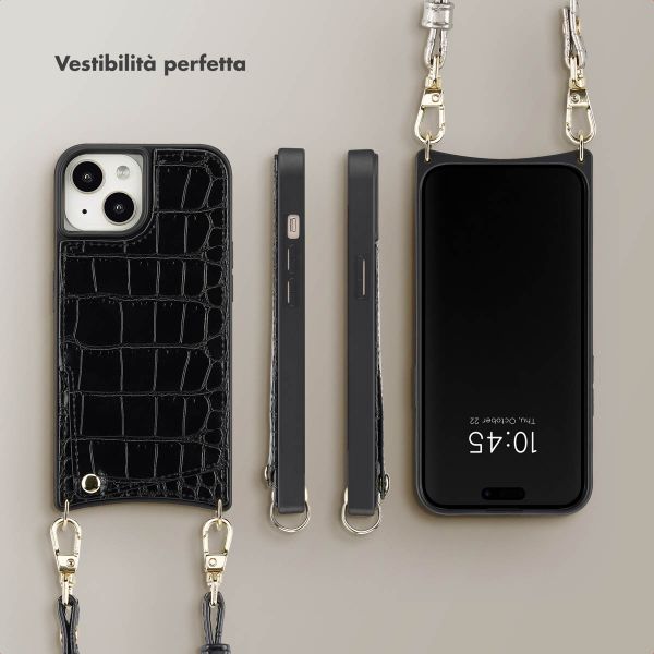 Selencia Cover per telefono Nova Croco con cordino e portacarte Apple iPhone 15 - Nero