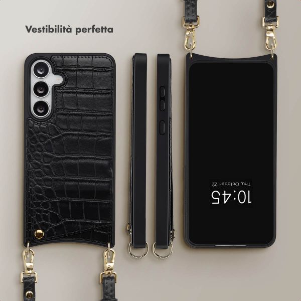 Selencia Cover per telefono Nova Croco con cordino e portacarte Samsung Galaxy S25 FE - Nero