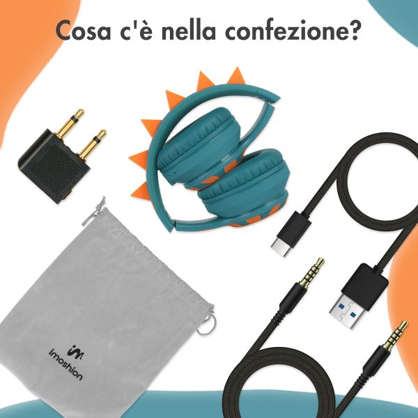imoshion Cuffie Bluetooth Kids Dino - Cuffie per bambini con limitatore di decibel - Cuffie wireless + cavo AUX - Petrol Green / Orange