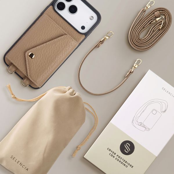 Selencia Cover per telefono Sera con cordino e portacarte a busta Apple iPhone 18 Pro Max / 17 Pro Max - Taupe