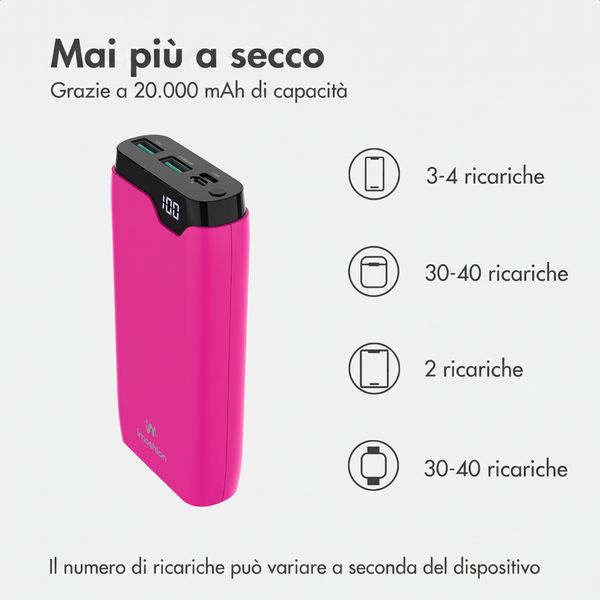 imoshion Powerbank da 20.000 mAh - Caricabatterie rapido da 22,5 W - USB-C / USB-A - Hot Pink