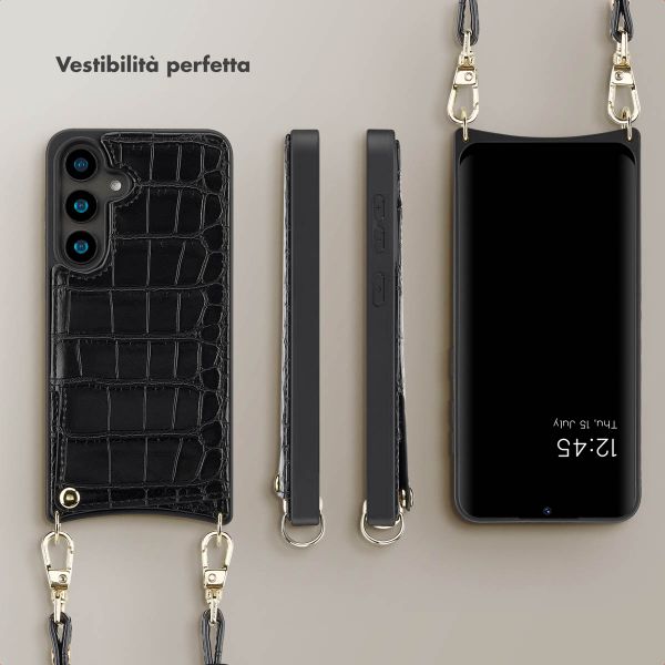 Selencia Cover per telefono Nova Croco con cordino e portacarte Samsung Galaxy S24 - Nero