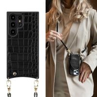 Selencia Cover per telefono Nova Croco con cordino e portacarte Samsung Galaxy S24 Ultra - Nero