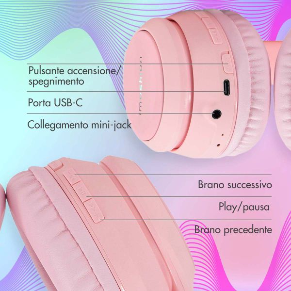 imoshion Cuffie wireless per bambini LED Light Cat Ear - Limitatore di Decibel - Con cavo AUX - Rosa