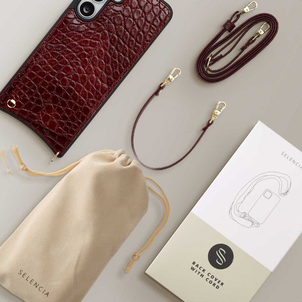 Selencia Cover per telefono Nova Croco con cordino e portacarte Samsung Galaxy S25 FE - Burgundy