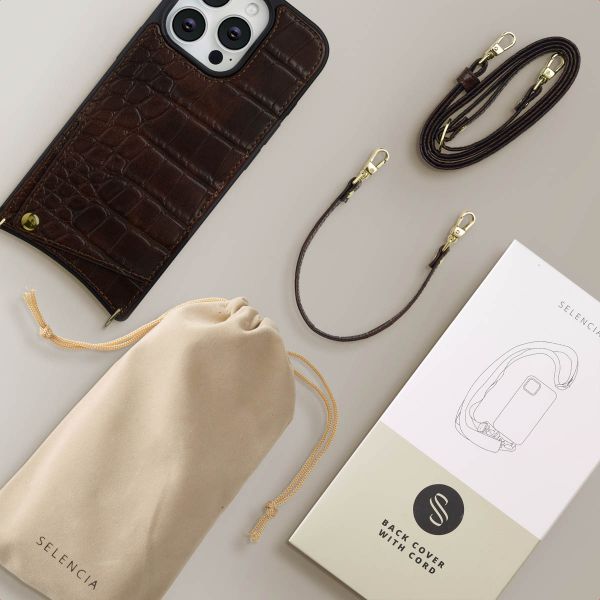 Selencia Cover per telefono Nova Croco con cordino e portacarte Apple iPhone 16 Pro - Choco Brown