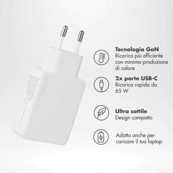 Accezz Caricabatterie GaN Ultra Slim - 2x USB-C - 65 W - Bianco