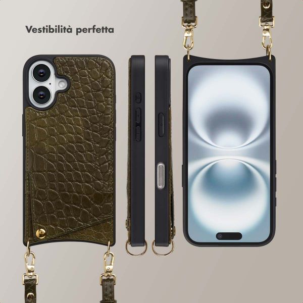 Selencia Cover per telefono Nova Croco con cordino e portacarte Apple iPhone 16 - Dark Olive