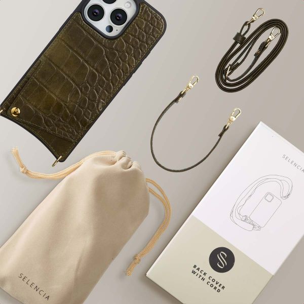 Selencia Cover per telefono Nova Croco con cordino e portacarte Apple iPhone 16 Pro - Dark Olive